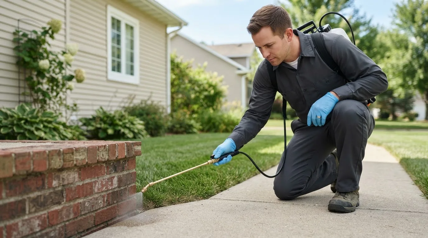 Pest control technician treating a home near Oyster Bay, NY